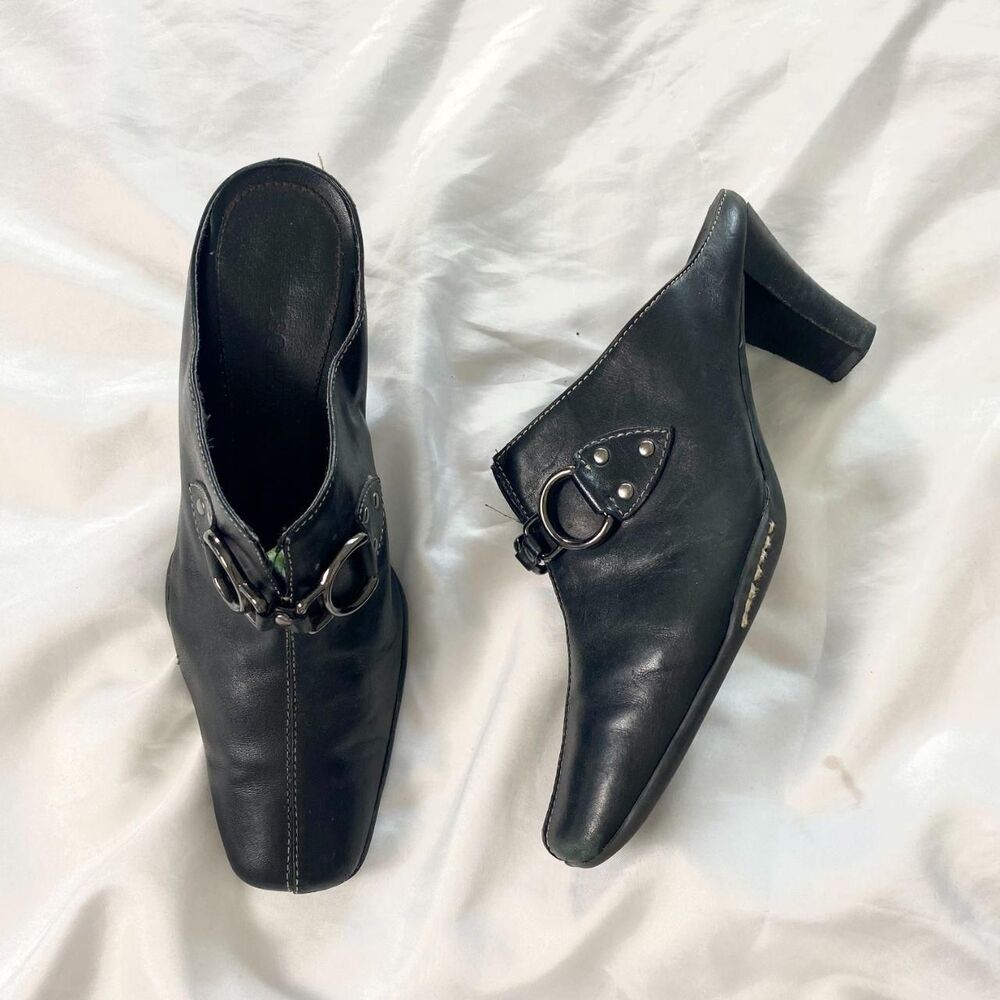 Aerosoles 90s Black Leather Silver Buckle Square Toe Mules Size US 8.5